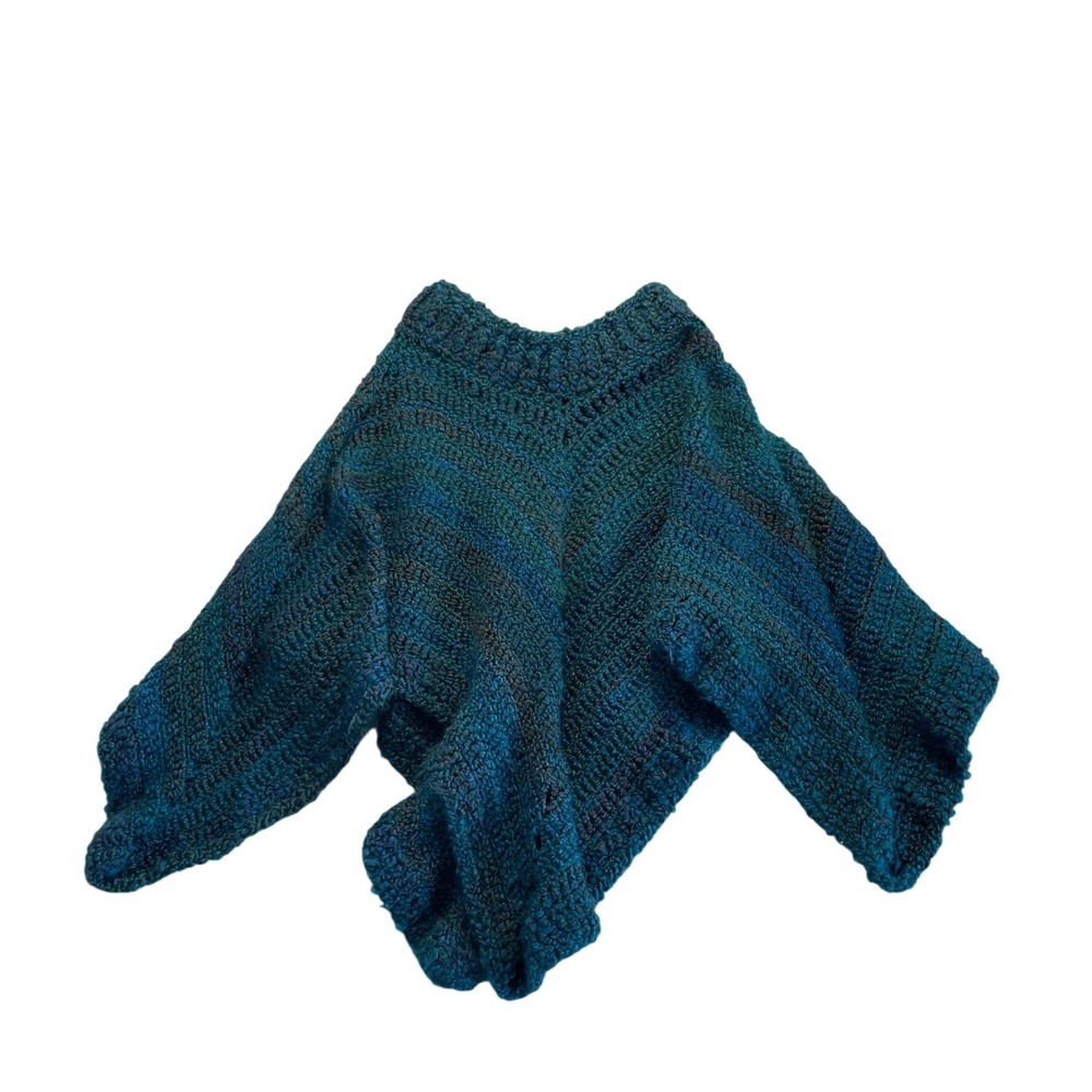 Handmade Crochet Poncho Top Variegated Teal Blue Green Boho Knit Capelet
